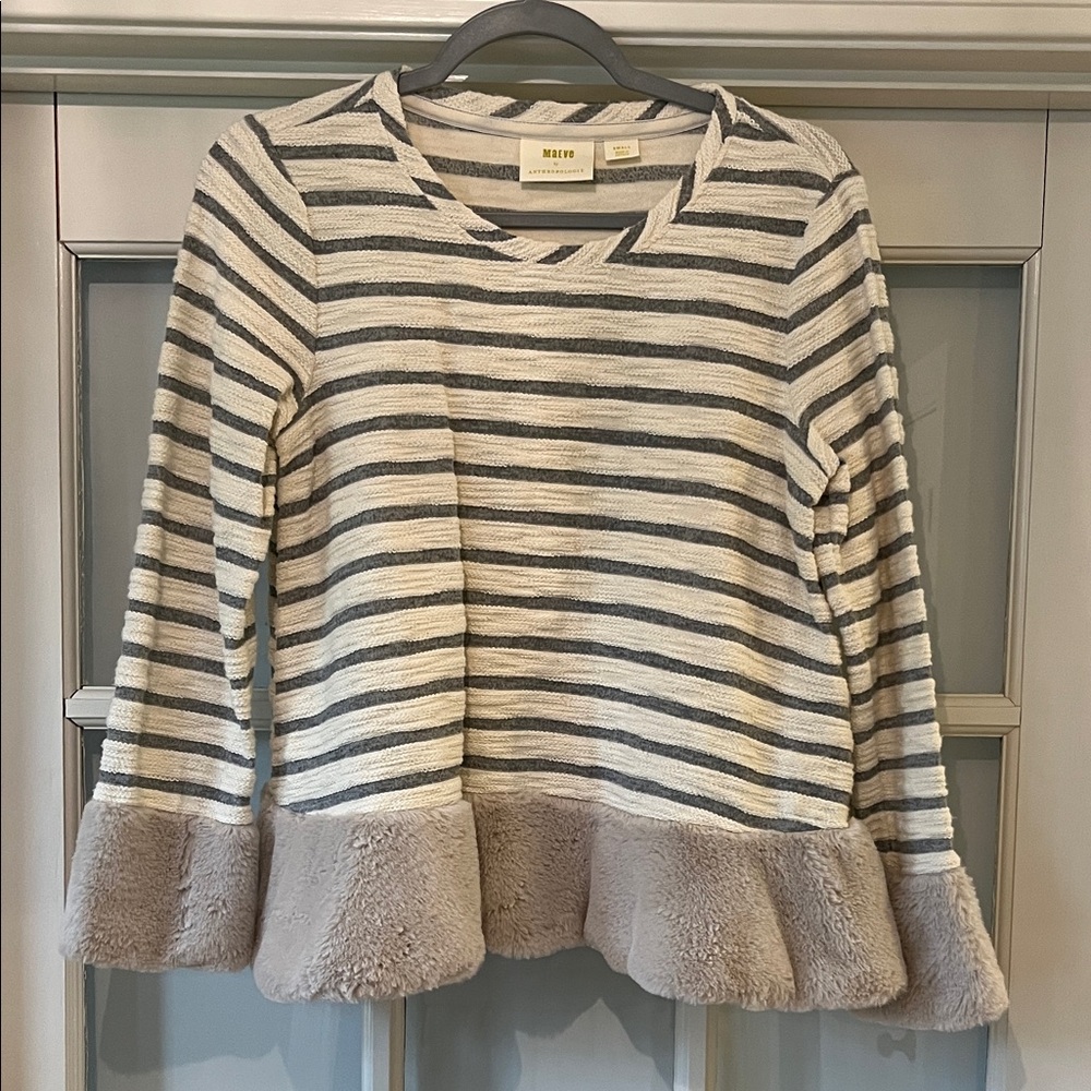 Anthropologie Maeve Striped Blouse with Faux Fur Hem